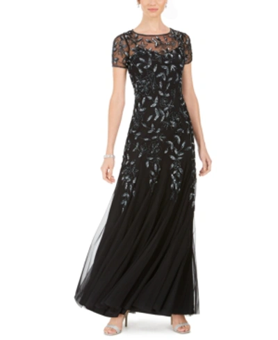 Shop Adrianna Papell Floral-beaded Gown In Black/gunmetal