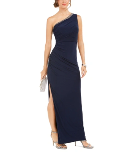 Adrianna Papell Petite On Shoulder Jersey Dress In Midnight Navy
