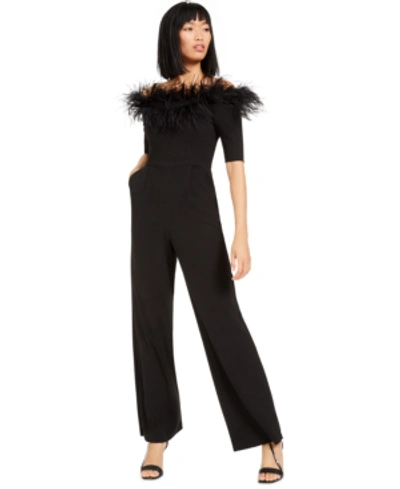 Shop Calvin Klein Off-the-shoulder Feather Jumpsuit In Black