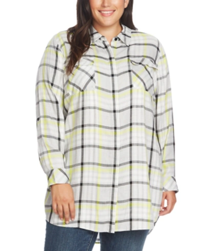 Shop Vince Camuto Plus Size Highlighter Plaid 2-pocket Tunic In Lime Chrome