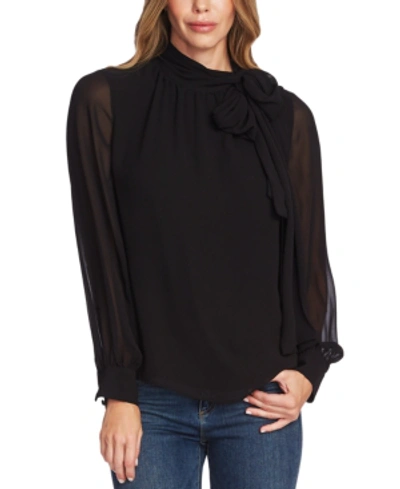 Shop Vince Camuto Sheer-sleeve Tie Blouse In Rich Black