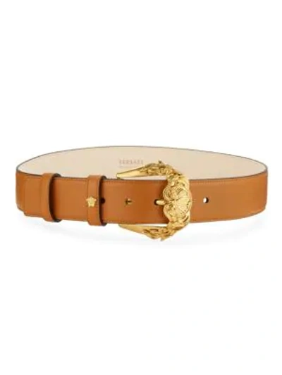 Shop Versace Barocco Buckle Leather Belt In Tan