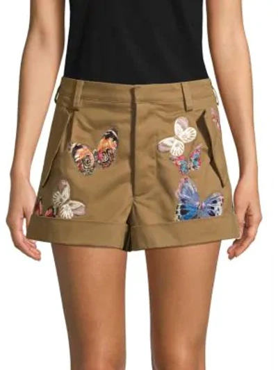 Shop Valentino Women's Embroidered Butterfly Cotton Shorts In Army