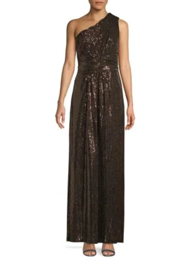 Shop Calvin Klein One-shoulder Sequin Gown In Copper