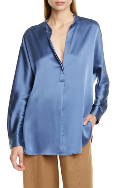 Shop Vince Band Collar Silk Shirt In Azurite