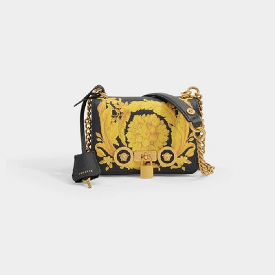 Shop Versace Icon Small Bag In Black Leather With Hibiscus Print