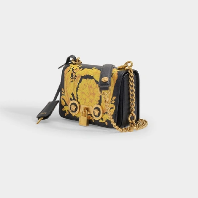 Shop Versace Icon Small Bag In Black Leather With Hibiscus Print