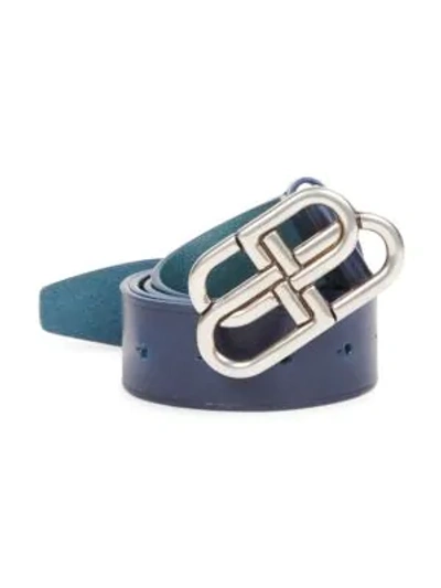 Shop Balenciaga Men's Bb Leather Belt In Bleu Canopee