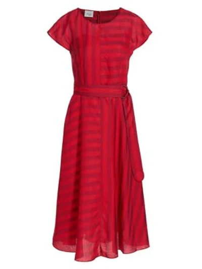 Shop Akris Punto Mixed Stripe Belted Midi Dress In Luminous Red