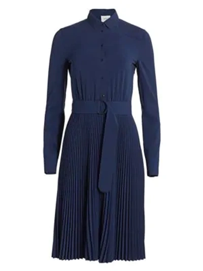 Shop Akris Punto Belted Pleated Skirt Long-sleeve Shirtdress In Night Sky