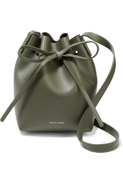 Shop Mansur Gavriel Mini Mini Leather Bucket Bag In Army Green