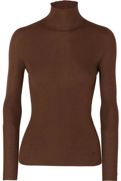 Shop Akris Ribbed Cashmere And Mulberry Silk-blend Turtleneck Sweater In Brown