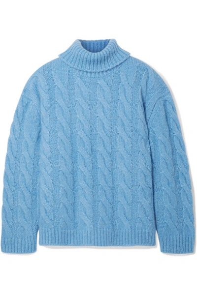 Shop Mansur Gavriel Oversized Cable-knit Alpaca-blend Turtleneck Sweater In Light Blue