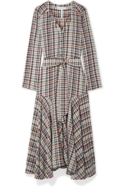 Shop Apiece Apart Pacifica Belted Checked Crepe Midi Dress In Mint