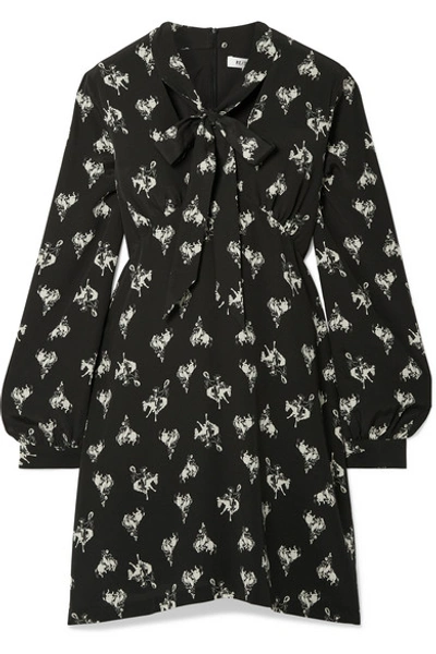 Shop Re/done 60s Pussy-bow Printed Silk-crepe Mini Dress In Black