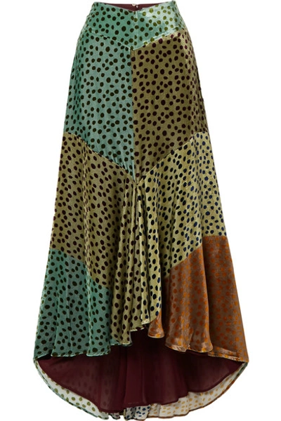 Shop Silvia Tcherassi Delilah Asymmetric Color-block Polka-dot Velvet Midi Skirt In Teal