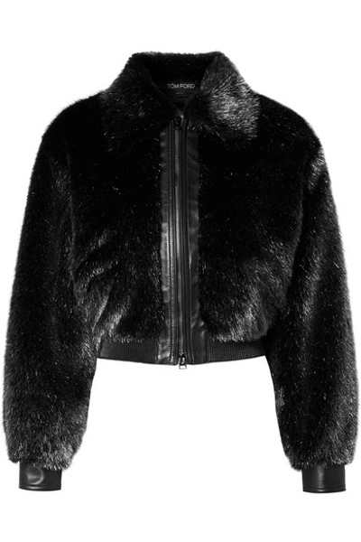 Shop Tom Ford Cropped Leather-trimmed Metallic Faux Fur Bomber Jacket In Silver