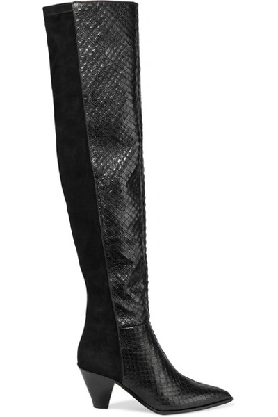 Shop Aquazzura Shoreditch 70 Snake-effect Leather And Suede Over-the-knee Boots In Black