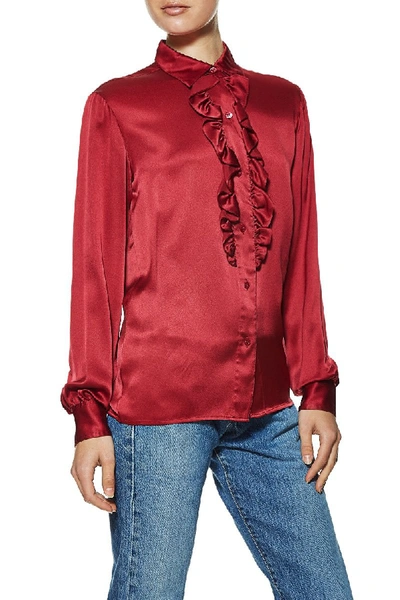 Pre-owned Ysl Red Silk Ruffled Blouse