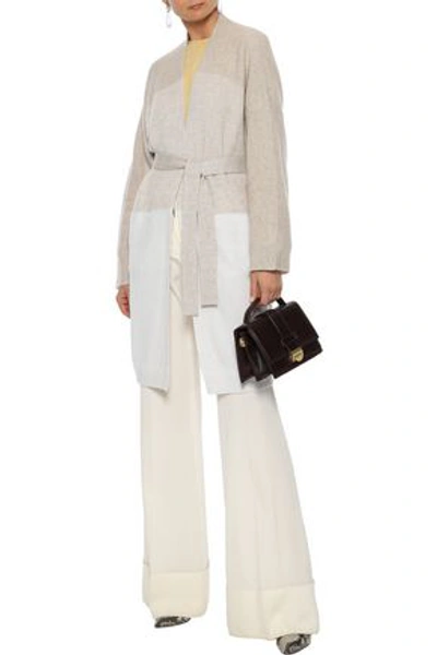 Shop Agnona Woman Belted Color-block Cashmere And Linen-blend Cardigan Neutral