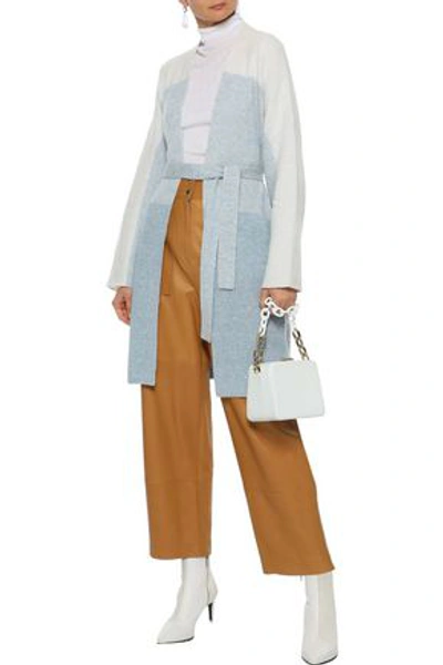 Shop Agnona Woman Belted Color-block Cashmere And Linen-blend Cardigan Sky Blue