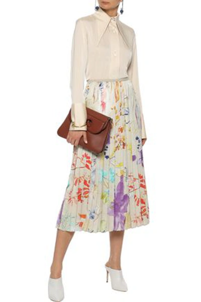 Shop Agnona Woman Pleated Floral-print Satin-twill Midi Skirt Neutral