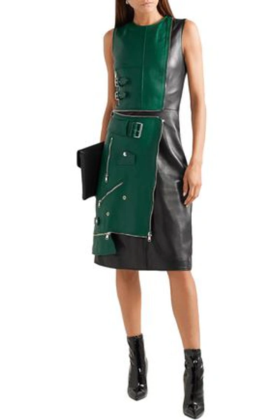 Shop Alexander Mcqueen Woman Layered Zip-detailed Two-tone Leather Dress Forest Green