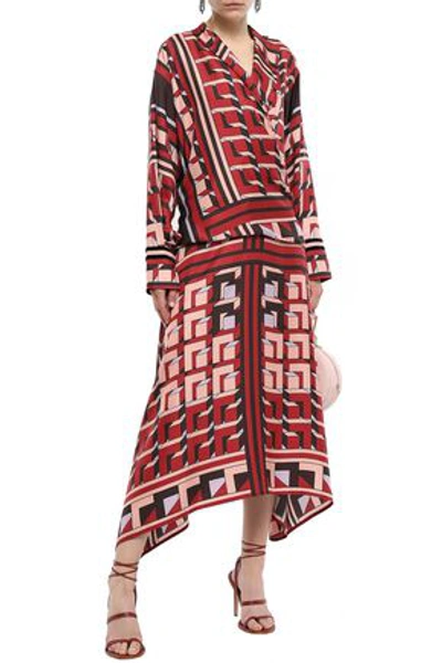Shop Amanda Wakeley Wrap-effect Velvet-trimmed Silk-twill Blouse In Claret
