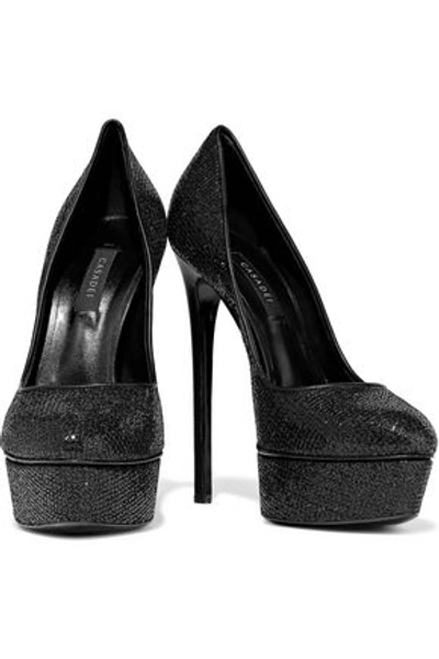 Shop Casadei Woman Glittered Woven Platform Pumps Black