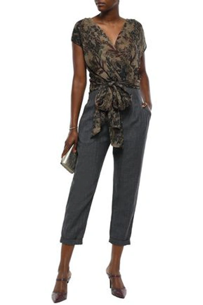 Shop Brunello Cucinelli Wrap-effect Silk-georgette And Herringbone Woven Jumpsuit In Taupe