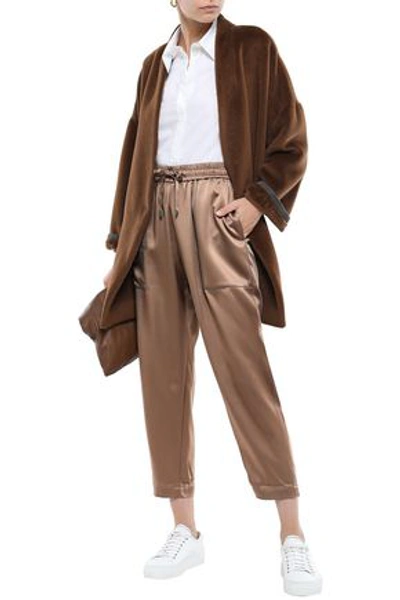 Shop Brunello Cucinelli Woman Cropped Bead-embellished Satin Track Pants Copper