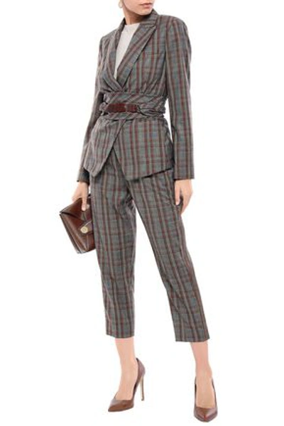 Shop Brunello Cucinelli Cropped Bead-embellished Checked Wool Tapered Pants In Gray