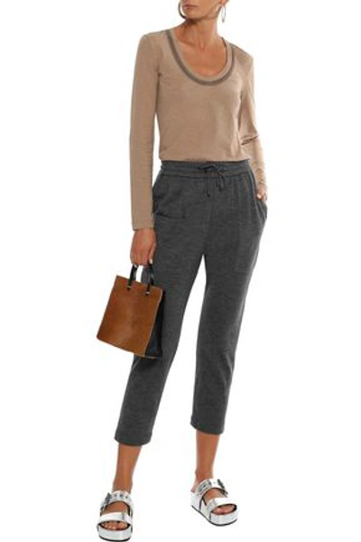 Shop Brunello Cucinelli Woman Cropped Bead-embellished Cashmere Track Pants Gray