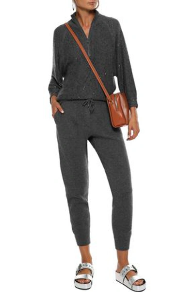 Shop Brunello Cucinelli Woman Cropped Bead-embellished Ribbed Cashmere Track Pants Anthracite