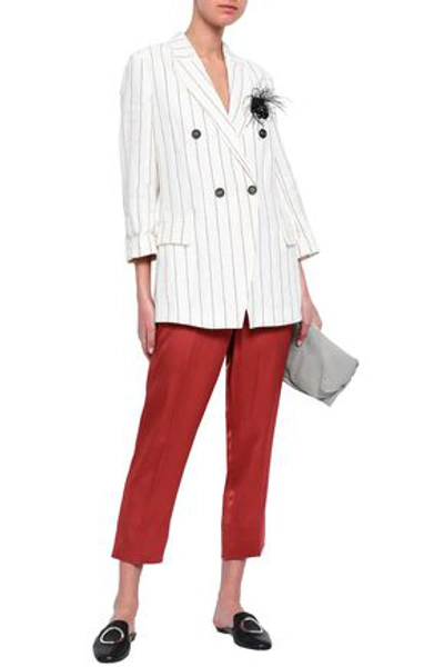 Shop Brunello Cucinelli Cropped Satin-crepe Tapered Pants In Claret