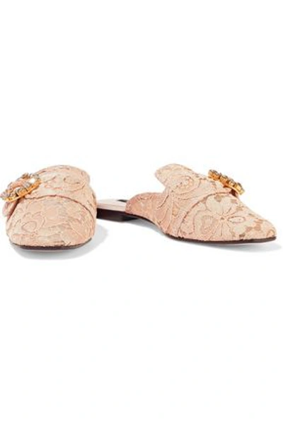 Shop Dolce & Gabbana Jackie Buckled Corded Lace Slippers In Peach