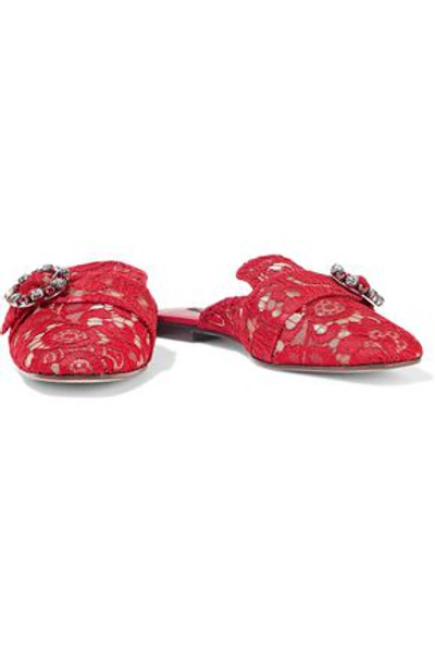 Shop Dolce & Gabbana Jackie Buckled Corded Lace Slippers In Red