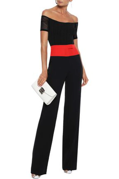 Shop Cushnie Woman Off-the-shoulder Mesh-paneled Ribbed-knit Bodysuit Black