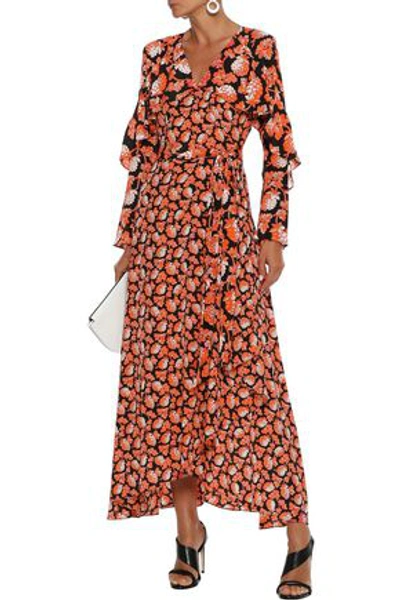 Shop Diane Von Furstenberg Alice Lace-paneled Floral-print Chiffon And Silk Crepe De Chine Midi Wrap Dress In Orange