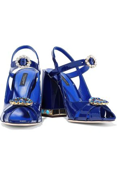 Shop Dolce & Gabbana Bette Embellished Patent-leather Sandals In Blue