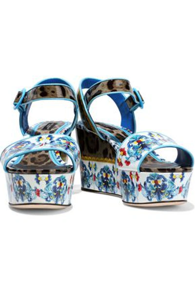 Shop Dolce & Gabbana Woman Bianca Printed Patent-leather Wedge Sandals Light Blue