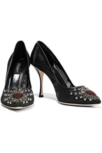 Shop Dolce & Gabbana Lori Leather-trimmed Embellished Mesh Pumps In Black