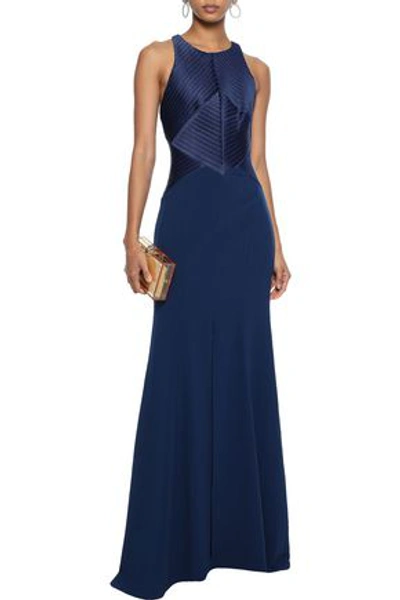 Shop Halston Heritage Satin-paneled Crepe Gown In Navy