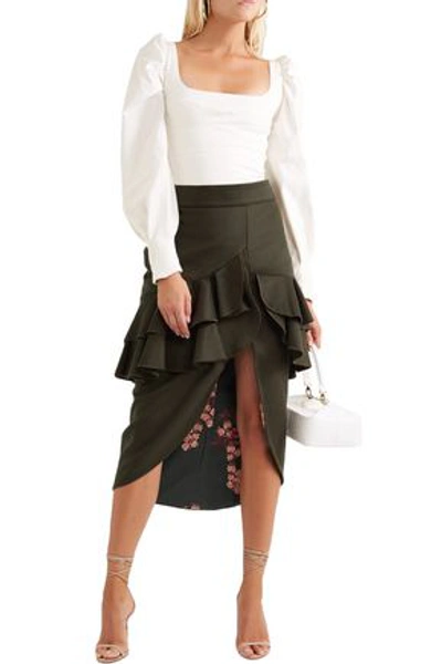 Shop Johanna Ortiz Ruffled Wool-blend Felt Midi Skirt In Army Green
