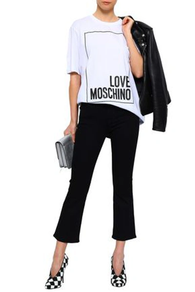 Shop Love Moschino Cropped Printed High-rise Bootcut Jeans In Black