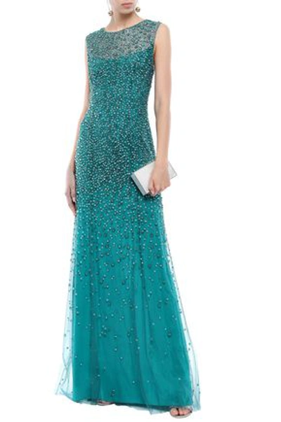 Shop Jenny Packham Woman Assana Open-back Beaded Tulle Gown Teal