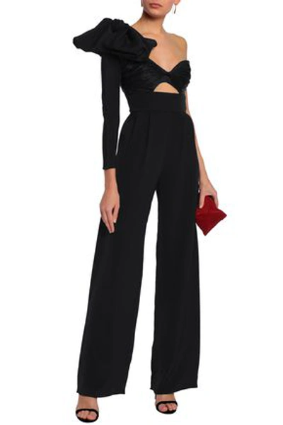 Shop Johanna Ortiz One-shoulder Bow-detailed Silk-cady Jumpsuit In Black