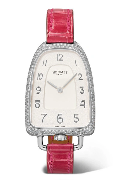 Pre-owned Hermes Galop D'hermès 26mm Medium Stainless Steel, Alligator And Diamond Watch In Silver