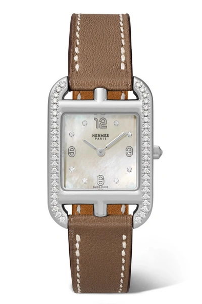 Pre-owned Hermes Cape Cod 23mm Small Stainless Steel, Leather, Mother-of-pearl And Diamond Watch In Silver