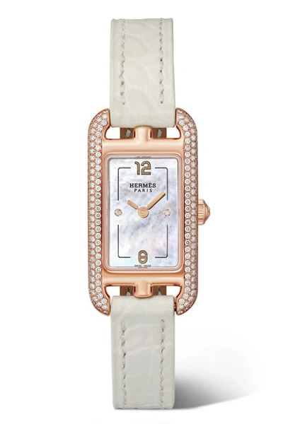 Pre-owned Hermes Nantucket 17mm Very Small 18-karat Rose Gold, Alligator, Mother-of-pearl And Diamond Watch